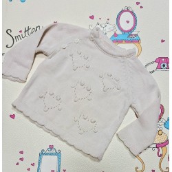 Детски мек пуловер в екрю с ажурни сърца