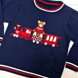 Детски пуловер в тъмносиньо  Мечето и влакчето