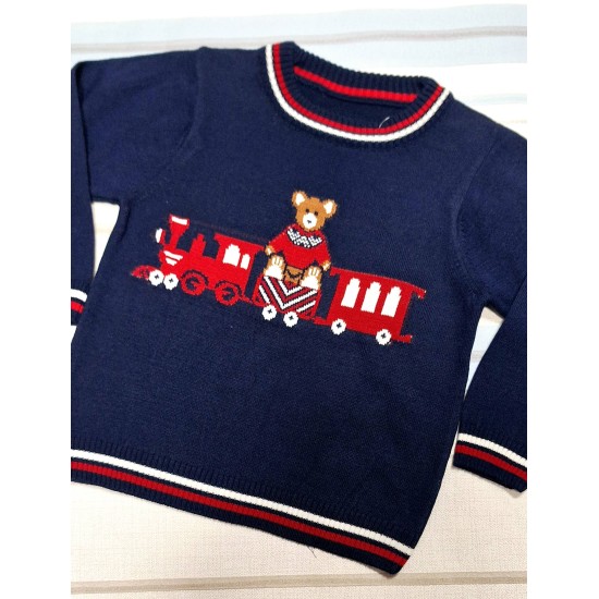 Детски пуловер в тъмносиньо ,,Мечето и влакчето Детски пуловер в тъмносиньо ,,Мечето и влакчето