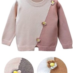 Детски пуловер от меко плетиво в нежно розово с цветчета Детски пуловер от меко плетиво в нежно розово с цветчета