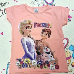 Детска лятна тениска в цвят праскова с Елза,Ана и Олаф