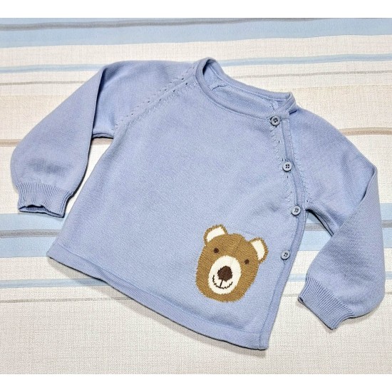 Бебешки пуловер от фино плетиво в синьо с мече Бебешки пуловер от фино плетиво в синьо с мече