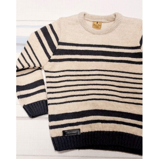 Детски мек пуловер в бежово райе с фина вълна Детски мек пуловер в бежово райе с фина вълна