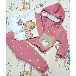 Ватиран детски комплект 3части в розово на сърчица  Веселото мече