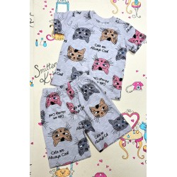 Детска лятна памучна пижама в сиво  Котките