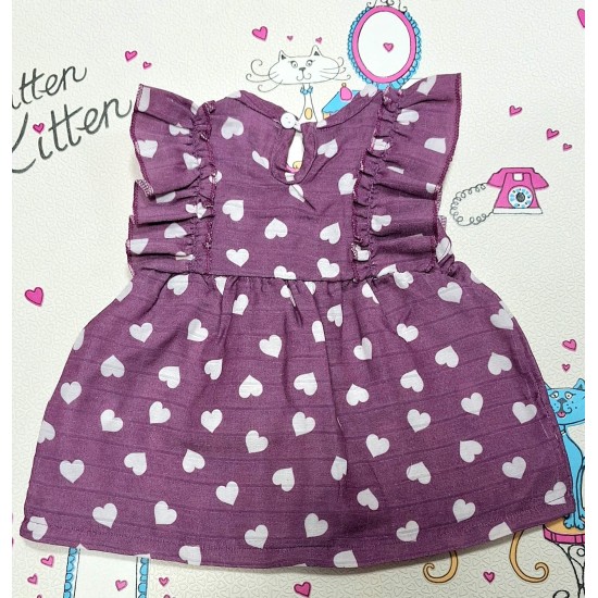 Детска лятна памучна рокля в лилаво на бели сърца