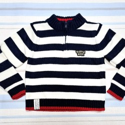 Детски плетен пуловер в тъмносиньо и бяло райе