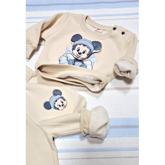 Бебешки ватиран комплект в бежово 3Д с Мики Маус