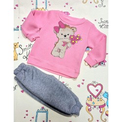 Детски ватиран комплект в розово и сиво  Мече с цветя