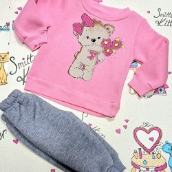 Детски ватиран комплект в розово и сиво Мече с цветя Детски ватиран комплект в розово и сиво Мече с цветя