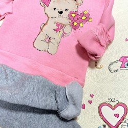 Детски ватиран комплект в розово и сиво Мече с цветя Детски ватиран комплект в розово и сиво Мече с цветя