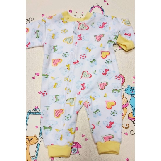 Бебешки леко ватиран гащеризон в бяло и жълто  Сърчица