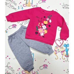 Детски ватиран комплект в циклама и сиво с цветя