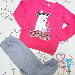 Детски ватиран комплект в цикламено и сиво Котето Бети Детски ватиран комплект в цикламено и сиво Котето Бети