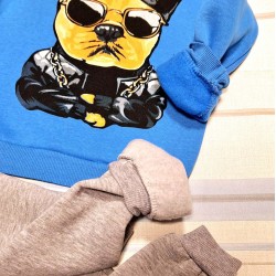 Детски ватиран комплект в синьо и сиво с куче Детски ватиран комплект в синьо и сиво с куче