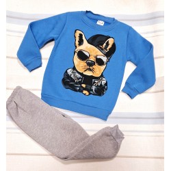 Детски ватиран комплект в синьо и сиво с куче Детски ватиран комплект в синьо и сиво с куче