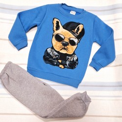 Детски ватиран комплект в синьо и сиво с куче Детски ватиран комплект в синьо и сиво с куче