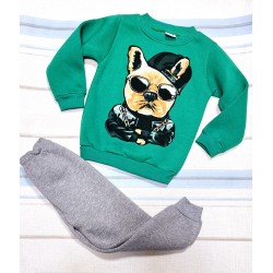 Детски ватиран комплект в зелено и сиво с куче