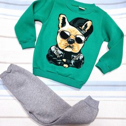 Детски ватиран комплект в зелено и сиво с куче Детски ватиран комплект в зелено и сиво с куче