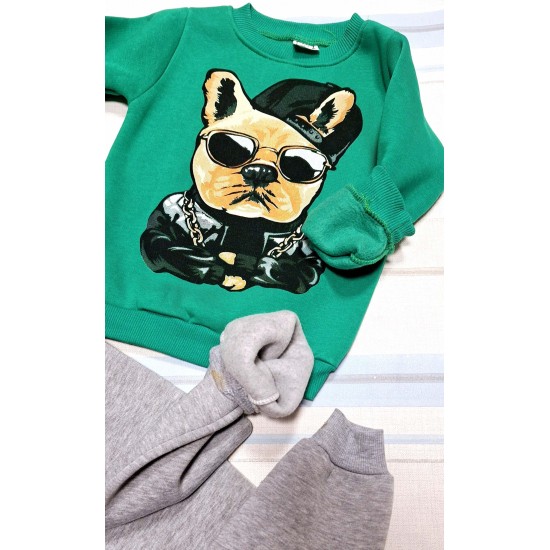 Детски ватиран комплект в зелено и сиво с куче