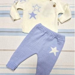 Бебешки луксозен плетен комплект в синьо и бяло Звездички Бебешки луксозен плетен комплект в синьо и бяло Звездички