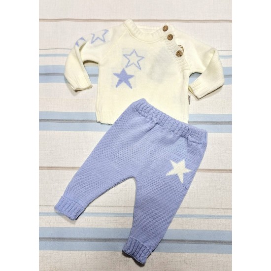 Бебешки луксозен плетен комплект в синьо и бяло Звездички Бебешки луксозен плетен комплект в синьо и бяло Звездички