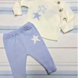 Бебешки луксозен плетен комплект в синьо и бяло Звездички Бебешки луксозен плетен комплект в синьо и бяло Звездички