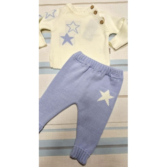 Бебешки луксозен плетен комплект в синьо и бяло Звездички Бебешки луксозен плетен комплект в синьо и бяло Звездички