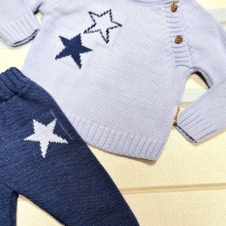 Бебешки луксозен плетен комплект в синьо Звездички Бебешки луксозен плетен комплект в синьо Звездички