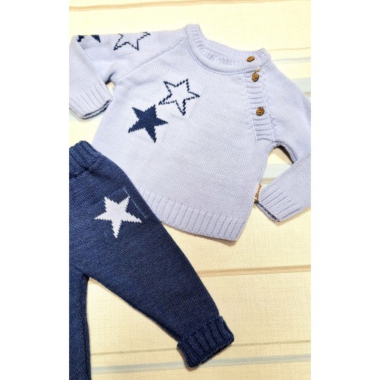 Бебешки луксозен плетен комплект в синьо Звездички Бебешки луксозен плетен комплект в синьо Звездички