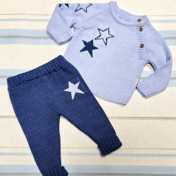 Бебешки луксозен плетен комплект в синьо Звездички Бебешки луксозен плетен комплект в синьо Звездички