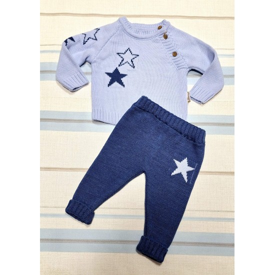 Бебешки луксозен плетен комплект в синьо Звездички Бебешки луксозен плетен комплект в синьо Звездички