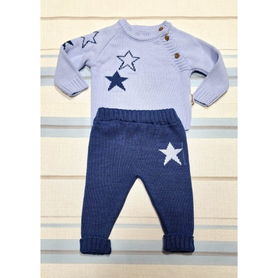 Бебешки луксозен плетен комплект в синьо Звездички Бебешки луксозен плетен комплект в синьо Звездички