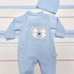 Бебешки плюшен гащеризон в синьо с шапка  Лъвчо