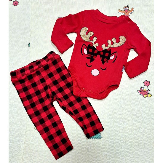 Коледен комплект за бебе в червено и златисто ,,Еленче