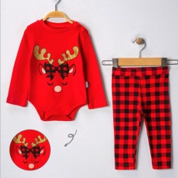 Коледен комплект за бебе в червено и златисто Еленче Коледен комплект за бебе в червено и златисто Еленче