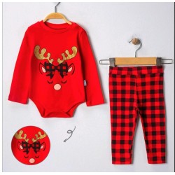 Коледен комплект за бебе в червено и златисто Еленче Коледен комплект за бебе в червено и златисто Еленче