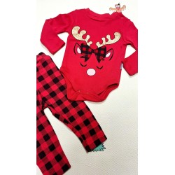 Коледен комплект за бебе в червено и златисто Еленче Коледен комплект за бебе в червено и златисто Еленче