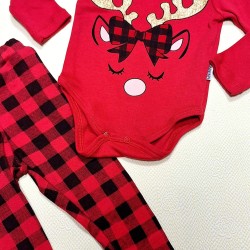Коледен комплект за бебе в червено и златисто Еленче Коледен комплект за бебе в червено и златисто Еленче