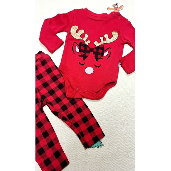 Коледен комплект за бебе в червено и златисто ,,Еленче