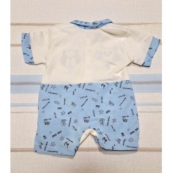 Бебешки летен ромпър/гащеризон в синьо и бяло с яка ,,Врабчета' Бебешки летен ромпър/гащеризон в синьо и бяло с яка ,,Врабчета'