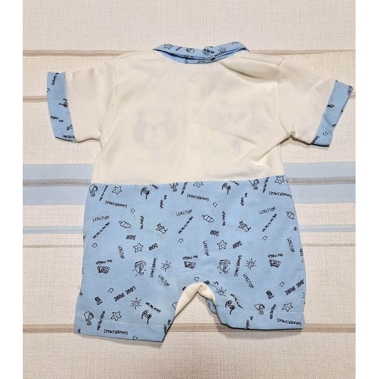 Бебешки летен ромпър/гащеризон в синьо и бяло с яка Бебешки летен ромпър/гащеризон в синьо и бяло с яка