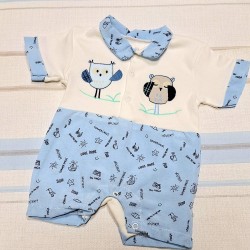 Бебешки летен ромпър/гащеризон в синьо и бяло с яка ,,Врабчета' Бебешки летен ромпър/гащеризон в синьо и бяло с яка ,,Врабчета'