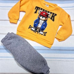 Детски ватиран комплект в жълто и сиво Мечо с шапка Детски ватиран комплект в жълто и сиво Мечо с шапка