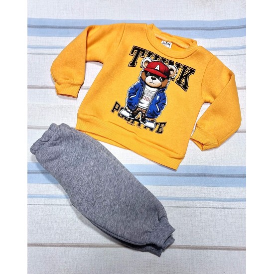 Детски ватиран комплект в жълто и сиво  Мечо с шапка