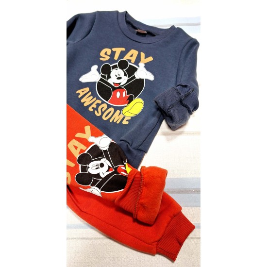 Детски ватиран комплект в тъмносиньо и червено с Мики Маус Детски ватиран комплект в тъмносиньо и червено с Мики Маус