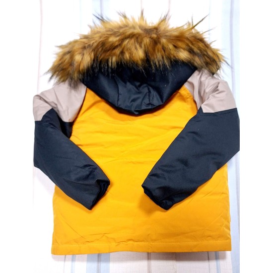 Детско зимно пухкаво яке парка с качулка в тъмносиньо и горчица