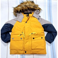 Детско зимно пухкаво яке парка с качулка в тъмносиньо и горчица