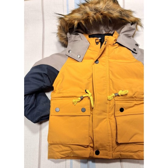 Детско зимно пухкаво яке парка с качулка в тъмносиньо и горчица