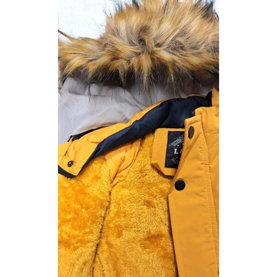 Детско зимно пухкаво яке парка с качулка в тъмносиньо и горчица